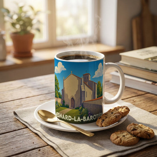 Mug souvenir de la ville de Mesnard-la-Barotière avec une illustration stylisée de son église.