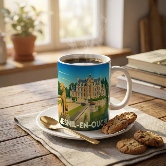Mug souvenir de la ville de Mesnil-en-Ouche avec une illustration stylisée d'un château et d'un lion.