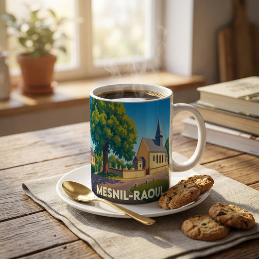 Mug souvenir de la ville de Mesnil-Raoul orné d'une illustration stylisée de son église et de sa nature.