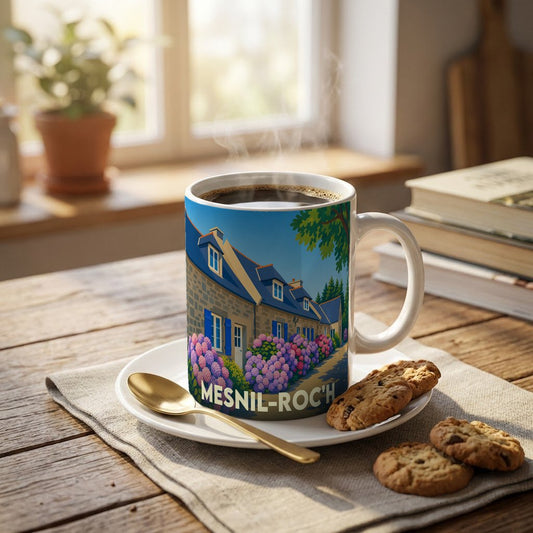 Mug souvenir de la ville de Mesnil-Roc'h illustré de maisons traditionnelles et d'hortensias.