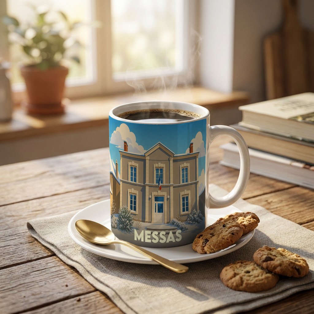 Mug souvenir de la ville de Messas avec une illustration stylisée de sa mairie sous la neige.