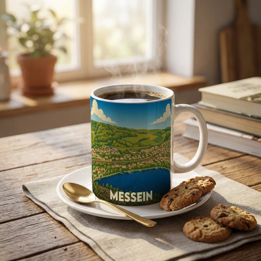 Mug souvenir de la ville de Messein orné d'une illustration paysagère stylisée.