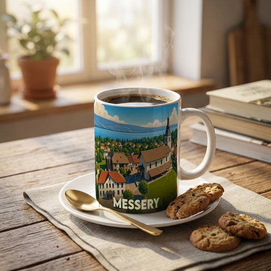 Mug souvenir de la ville de Messery illustré d'un paysage pittoresque au bord de l'eau.