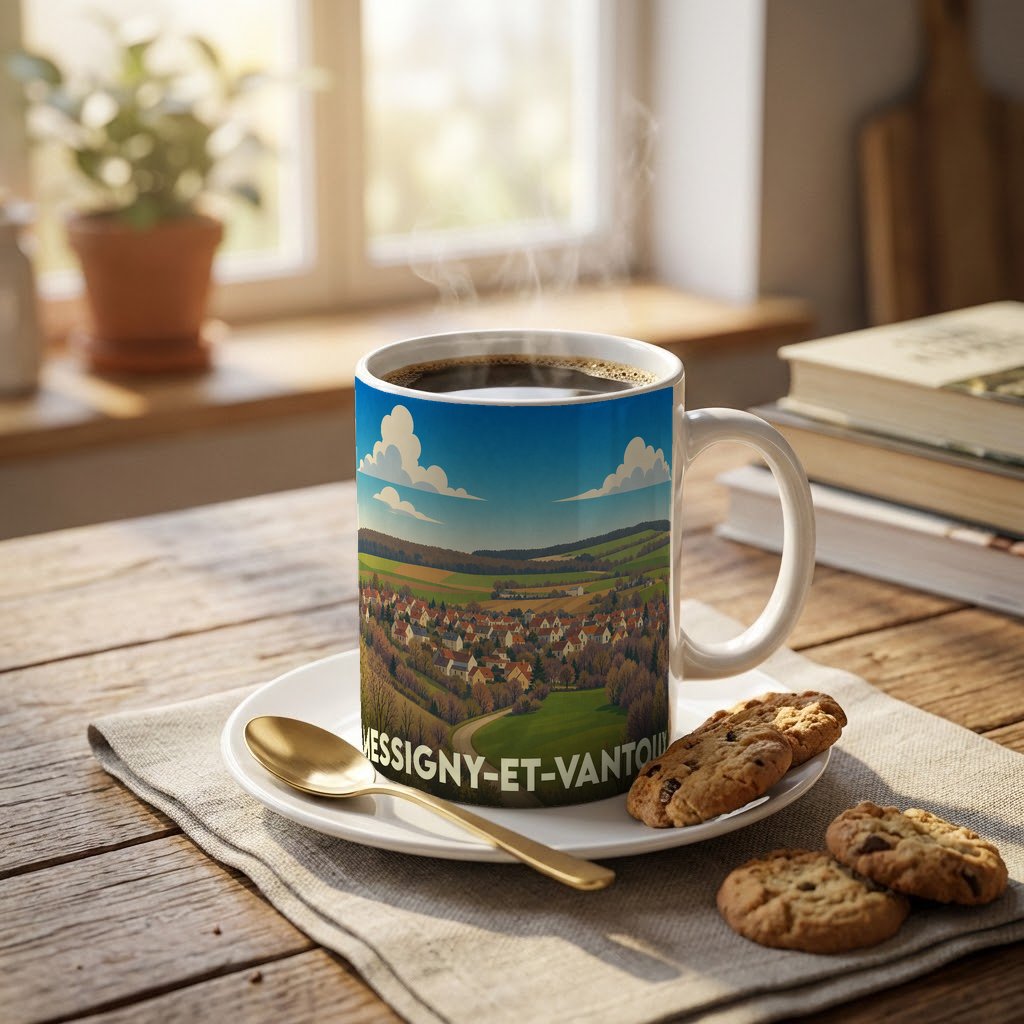 Mug souvenir de la ville de Messigny-et-Vantoux avec une illustration panoramique stylisée.