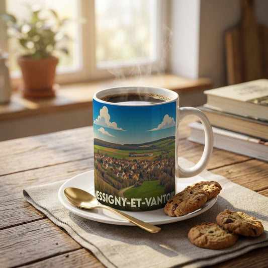 Mug souvenir de la ville de Messigny-et-Vantoux avec une illustration panoramique stylisée.