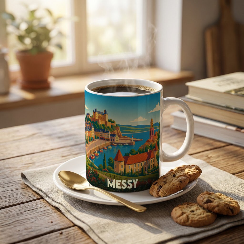 Mug souvenir de la ville de Messy orné d'une illustration colorée représentant un paysage côtier avec son château et son port.