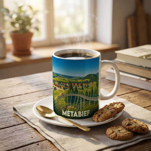 Mug souvenir de la ville de Métabief avec une illustration stylisée d'un paysage de montagne.