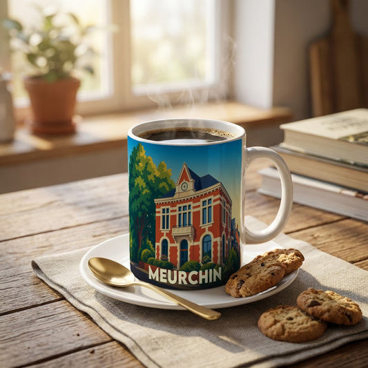 Mug souvenir de la ville de Meurchin avec une illustration stylisée de son architecture.