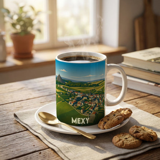 Mug souvenir de la ville de Mexy avec une illustration stylisée de ses paysages et de son nom.