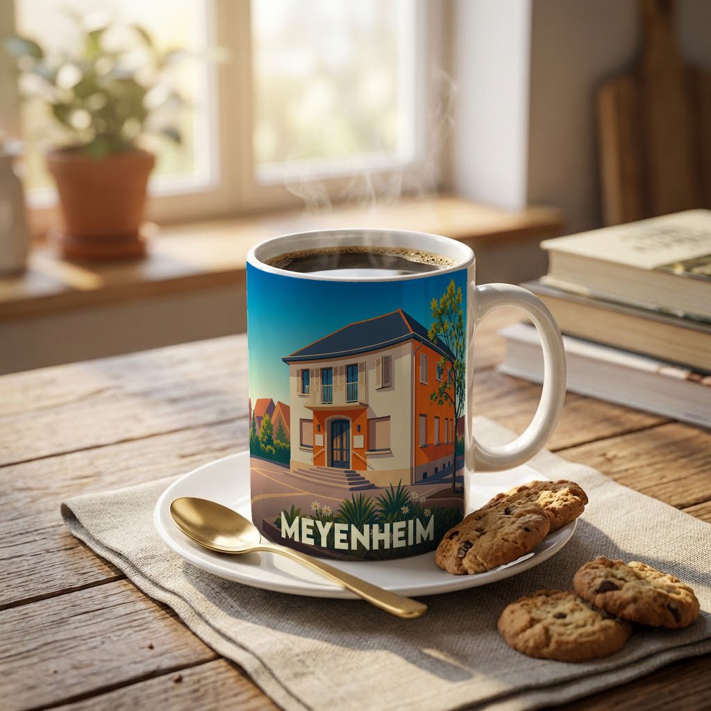 Mug souvenir de la ville de Meyenheim avec une illustration stylisée d'une maison alsacienne.