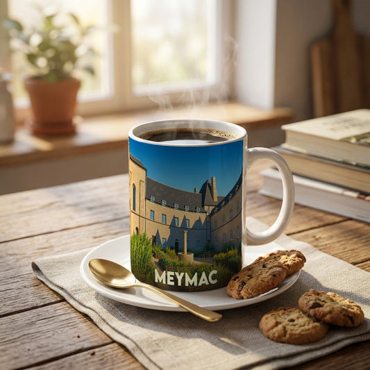 Mug souvenir de la ville de Meymac avec une illustration stylisée de son patrimoine.
