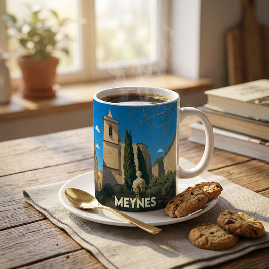 Mug souvenir de la ville de Meynes orné d'une illustration stylisée de son patrimoine architectural.