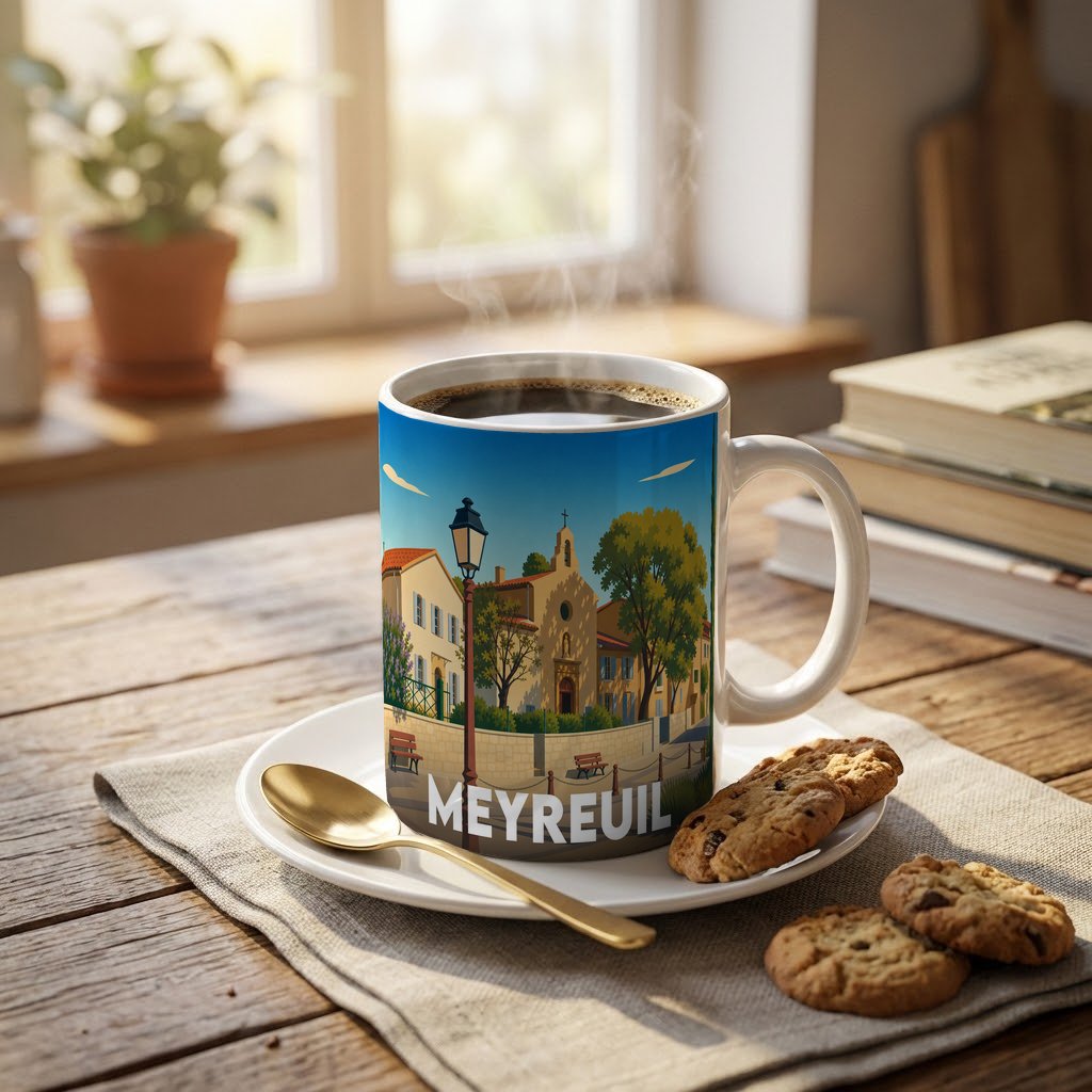 Mug souvenir de la ville de Meyreuil orné d'une illustration stylisée du village provençal.