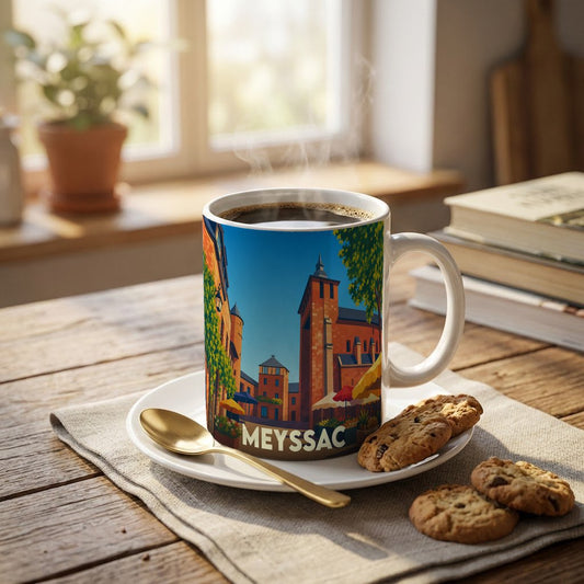 Mug souvenir de la ville de Meyssac orné d'une illustration stylisée et colorée.