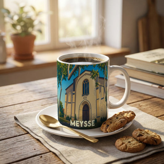 Mug souvenir de la ville de Meysse avec une illustration stylisée de son église.