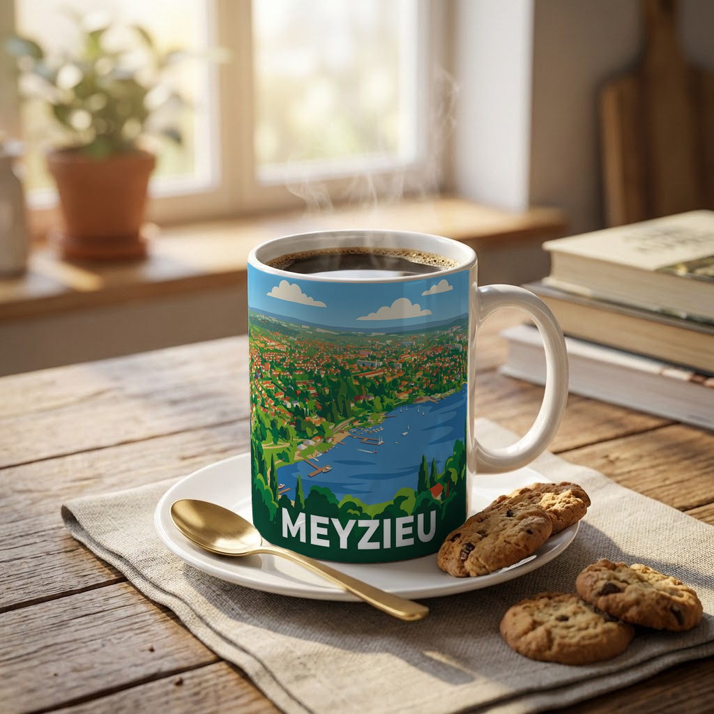 Mug souvenir de la ville de Meyzieu avec une illustration stylisée.