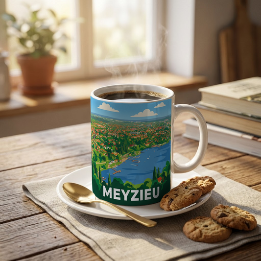 Mug souvenir de la ville de Meyzieu avec une illustration stylisée.