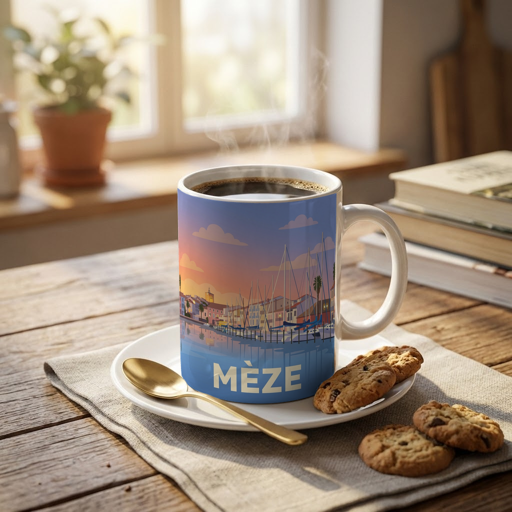Mug souvenir de la ville de Mèze avec une illustration stylisée de son port.