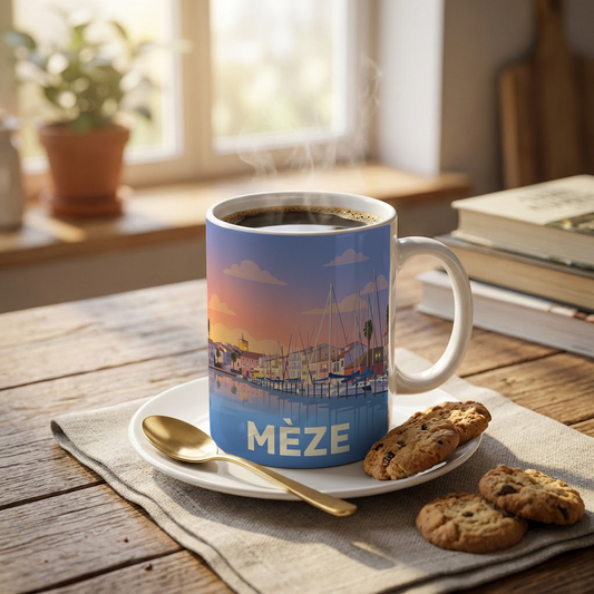 Mug souvenir de la ville de Mèze avec une illustration stylisée de son port.