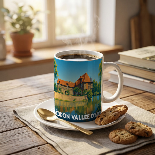 Mug souvenir de la ville de Mézidon Vallée d'Auge orné d'une illustration stylisée de son patrimoine au bord de l'eau.