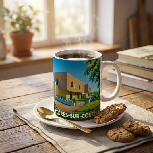Mug souvenir de la ville de Mézières-sur-Couesnon avec une illustration stylisée de bâtiments modernes.