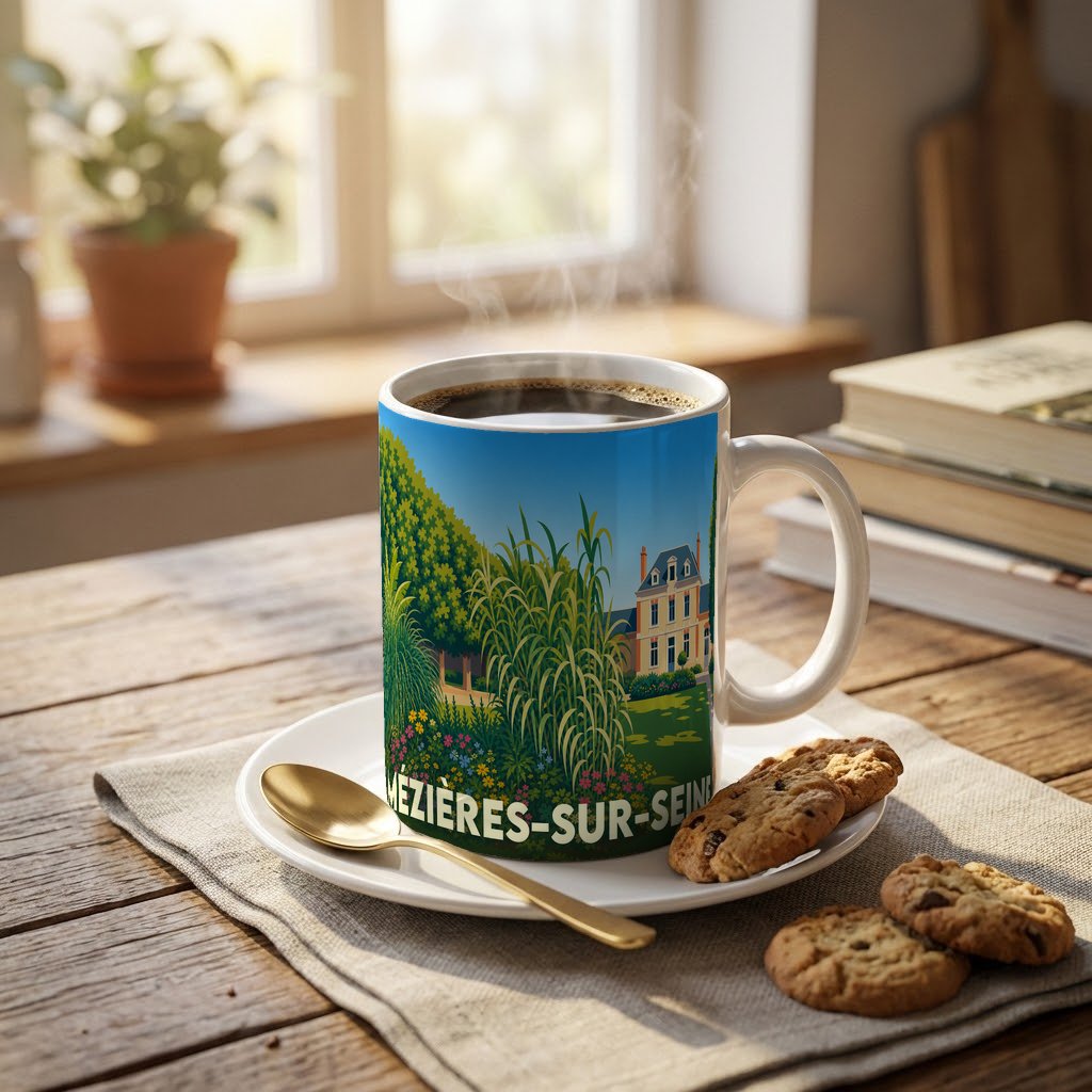 Mug souvenir de la ville de Mézières-sur-Seine avec une illustration colorée et stylisée de son paysage.