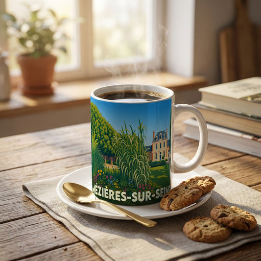 Mug souvenir de la ville de Mézières-sur-Seine orné d'une illustration colorée et stylisée représentant un jardin et une demeure classique.