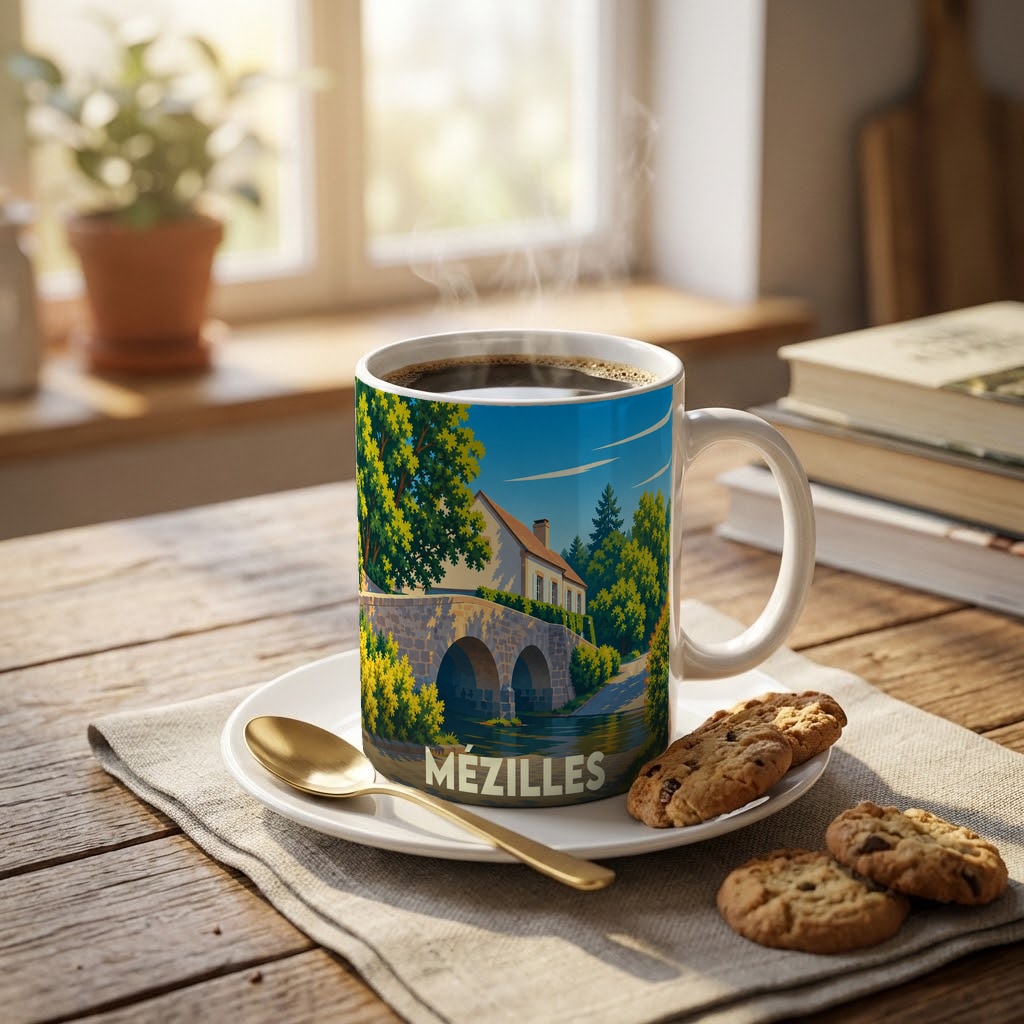 Mug souvenir de la ville de Mézilles orné d'une illustration stylisée d'un pont en pierre.