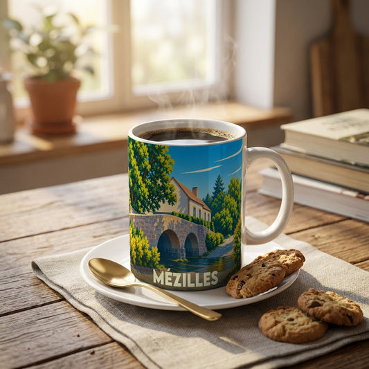 Mug souvenir de la ville de Mézilles orné d'une illustration stylisée d'un pont en pierre.