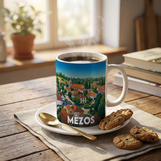 Mug souvenir de la ville de Mézos avec une illustration stylisée d'un village.