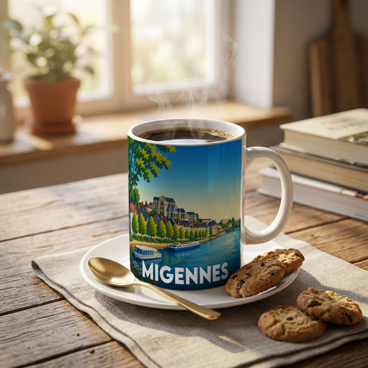 Mug souvenir de la ville de Migennes avec une illustration colorée des bords de l'Yonne.