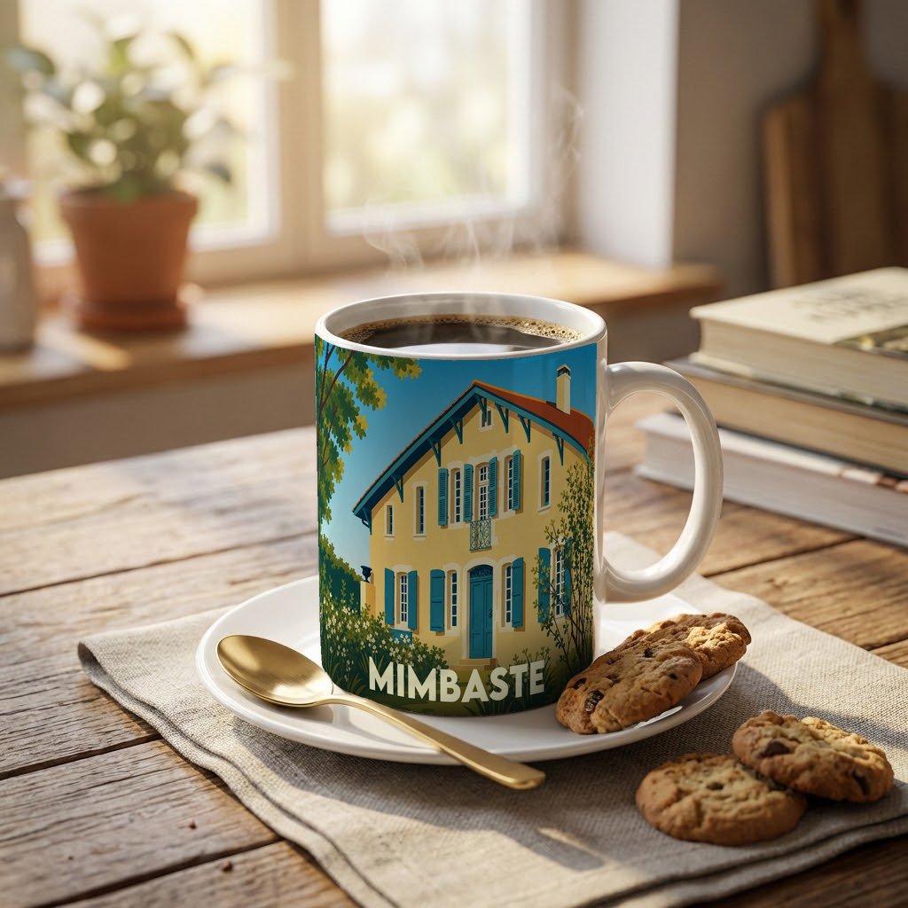 Mug souvenir de la ville de Mimbaste orné d'une illustration stylisée d'une maison landaise.