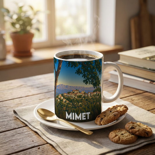 Mug souvenir de la ville de Mimet avec une illustration stylisée de son village perché.