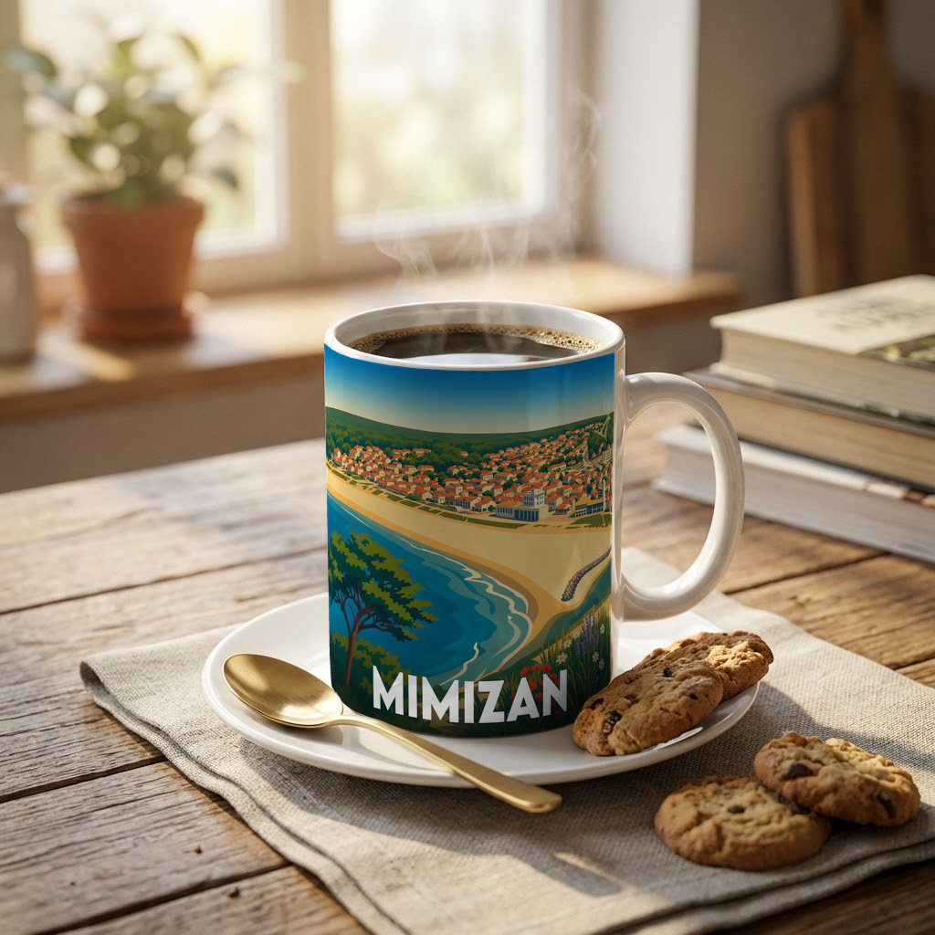 Mug souvenir de la ville de Mimizan orné d'une illustration stylisée de sa plage et de son front de mer.