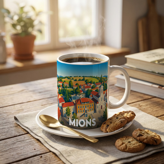 Mug souvenir de la ville de Mions avec une illustration stylisée de ses paysages.