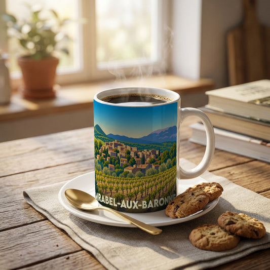 Mug souvenir de la ville de Mirabel-aux-Baronnies avec une illustration stylisée de paysages provençaux.