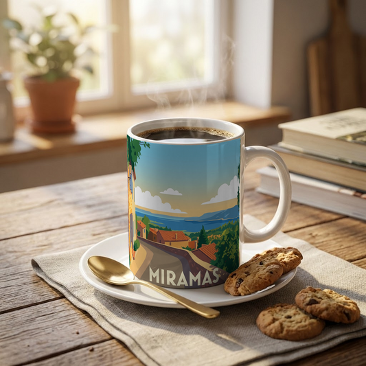 Mug souvenir de la ville de Miramas avec une illustration paysagère stylisée.