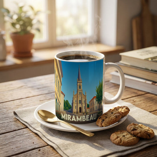 Mug souvenir de la ville de Mirambeau avec une illustration stylisée d'une église sur fond bleu.