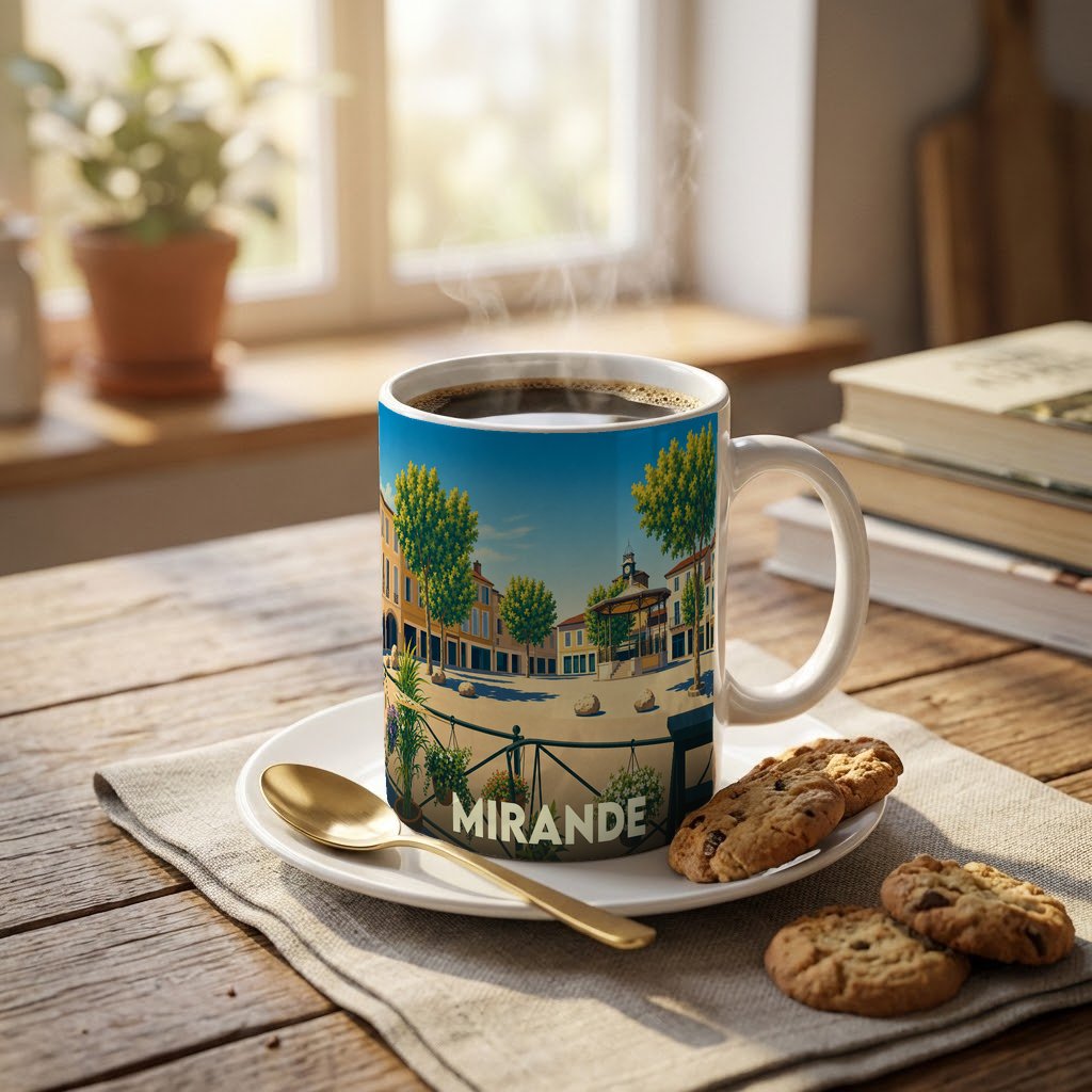 Mug souvenir de la ville de Mirande orné d'une illustration stylisée de sa place principale.