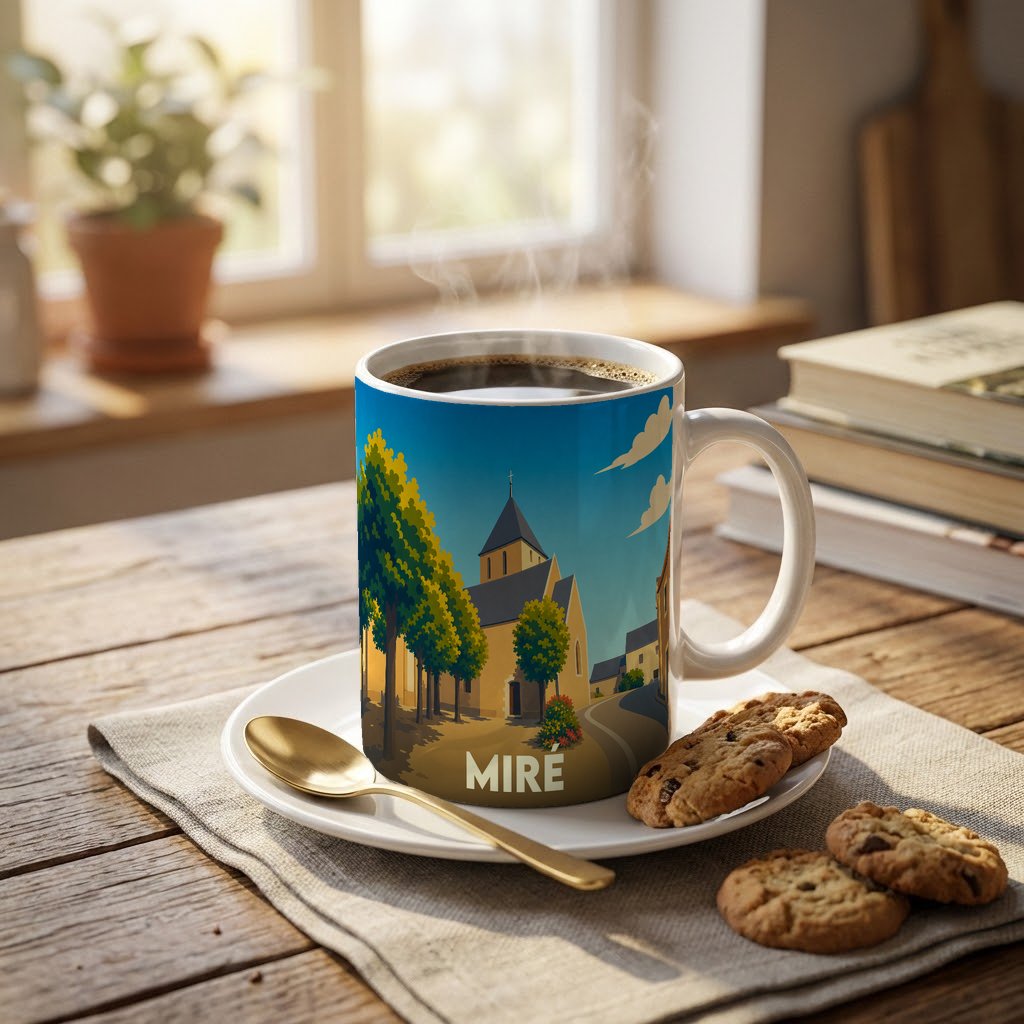Mug souvenir de la ville de Miré avec une illustration stylisée d'une rue et d'une église.