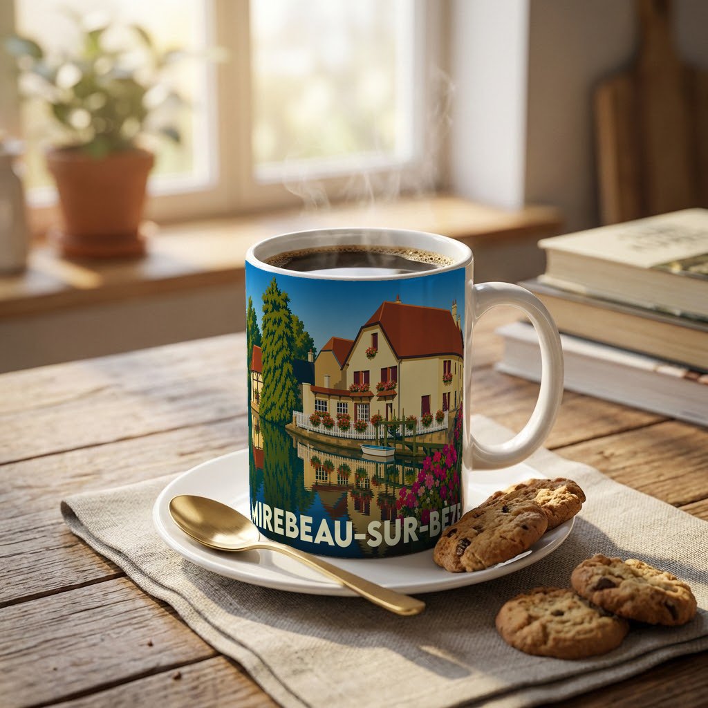 Mug souvenir de la ville de Mirebeau-sur-Bèze avec une illustration stylisée d'une maison au bord de l'eau.