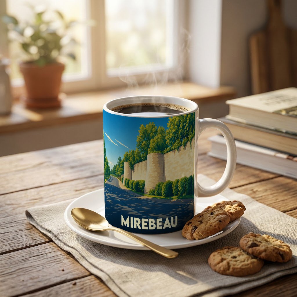 Mug souvenir de la ville de Mirebeau avec une illustration stylisée de ses remparts.