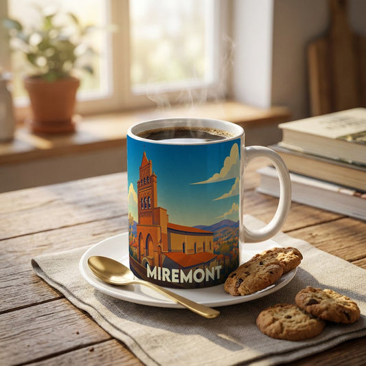 Mug souvenir de la ville de Miremont orné d'une illustration stylisée de son église et de ses paysages.