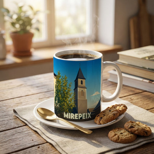Mug souvenir de la ville de Mirepeix avec une illustration stylisée de son église.