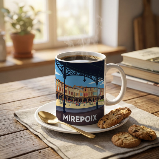 Mug souvenir de la ville de Mirepoix avec une illustration stylisée.