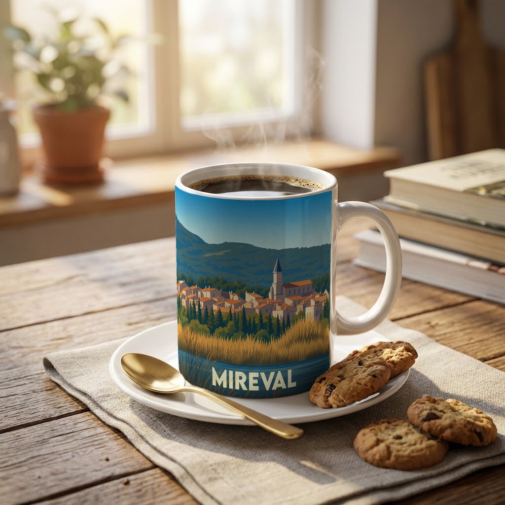 Mug souvenir de la ville de Mireval avec une illustration stylisée d'un village occitan.