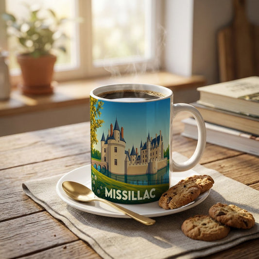 Mug souvenir de la ville de Missillac orné d'une illustration stylisée de son château.