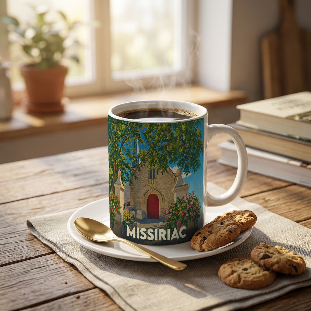 Mug souvenir de la ville de Missiriac illustré d'une église pittoresque entourée de verdure.