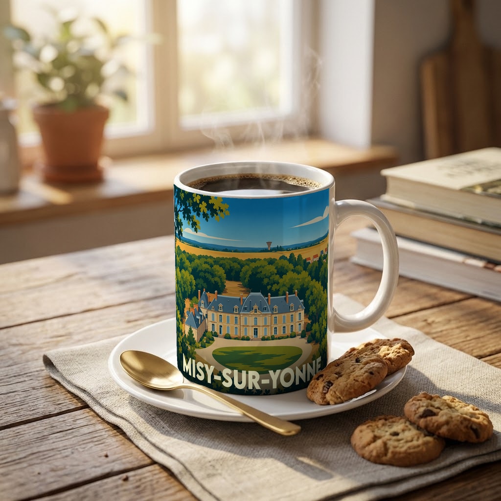 Mug souvenir de la ville de Misy-sur-Yonne orné d'une illustration stylisée de son château.