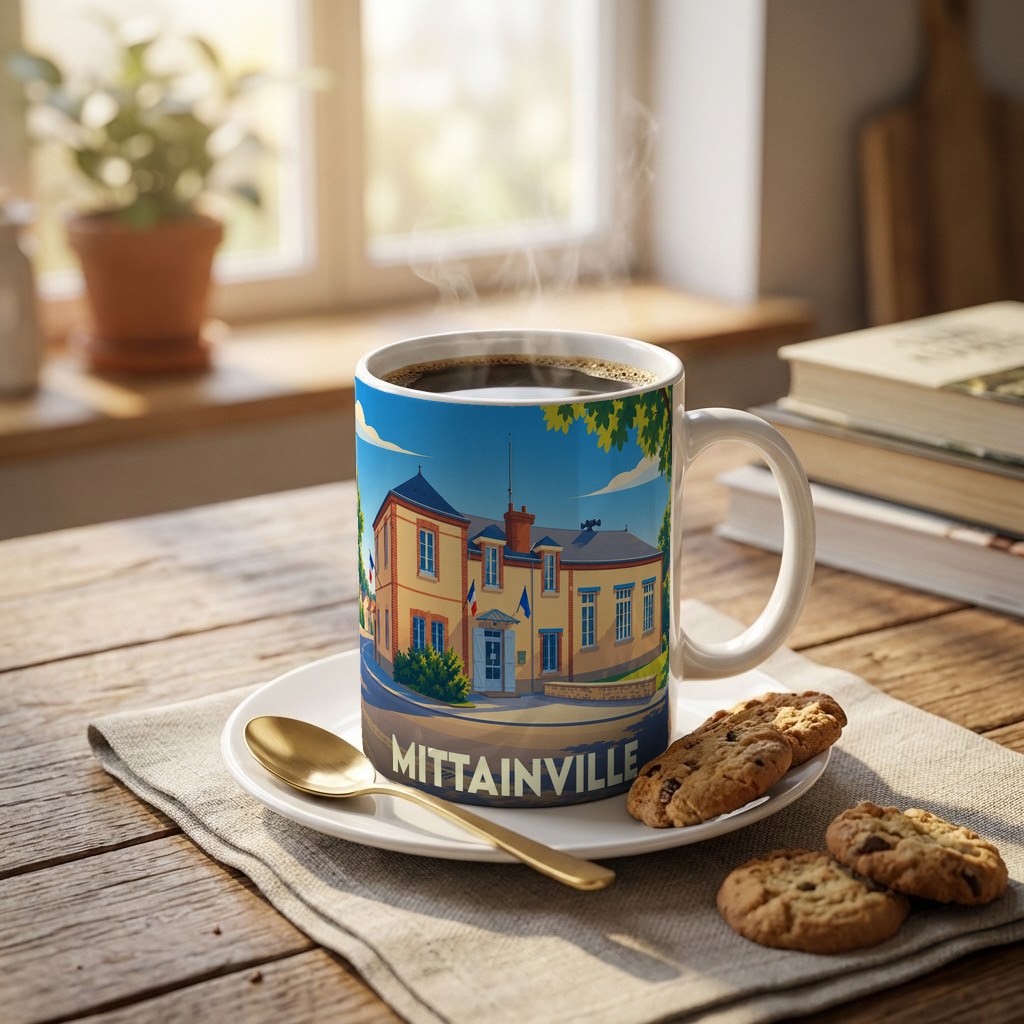 Mug souvenir de la ville de Mittainville illustré d'un dessin coloré représentant un bâtiment typique.